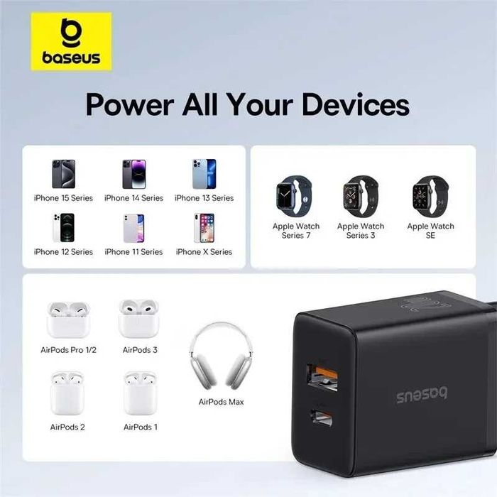 Ładowarka BASEUS cube 20w  3.0 PD, 3.0 QC 2 gniazda EU USB-C + USB-A