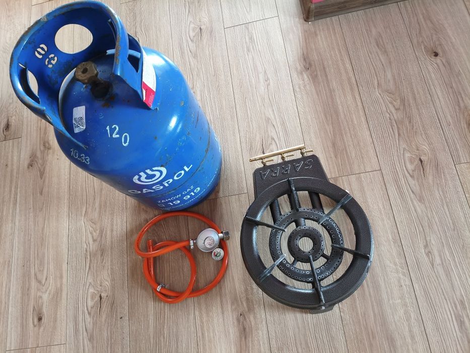 Komplet: pełna butla propan butan 11kg + taboret żeliwny 9.8 kw + reduktor 37 mbar