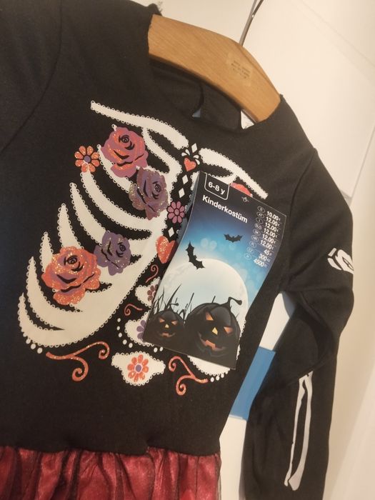 Strój halloween dla dziewczynki, sukienka, kościotrup  116-128cm