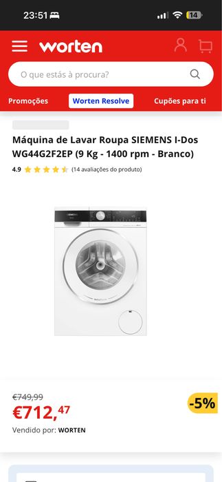 Máquina de Lavar Roupa SIEMENS I-Dos WG44G2F2EP (9 Kg - 1400 rpm