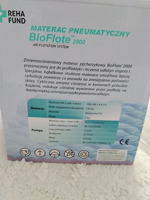 Materac przeciwodleżynowy Reha Fund BioFlote 2000 komplet nowy