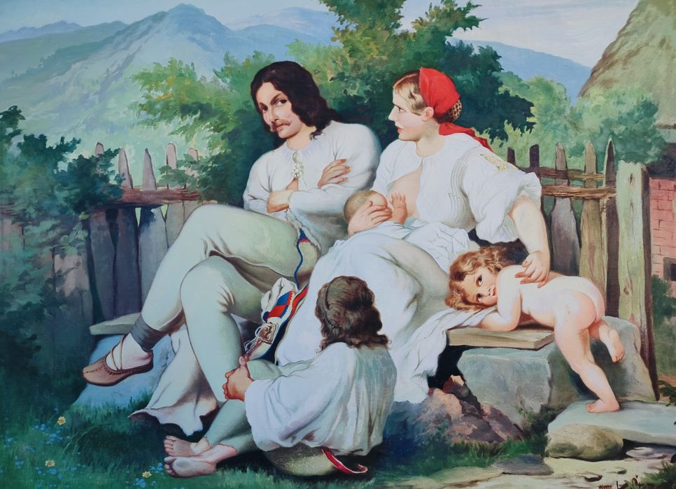 Piekny duży obraz olejny na płótnie Goralska rodzina