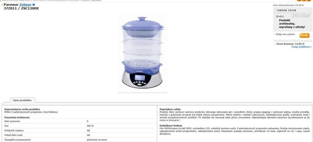 Parowar ZELMER 37Z011. wysyłka OLX