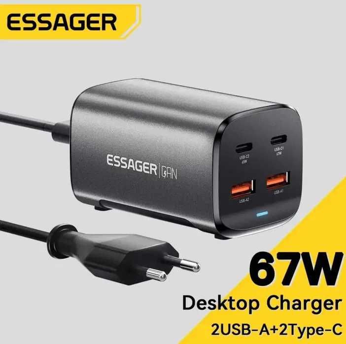 Зарядний пристрій Essager 2xUSB-C + 2xUSB 67W GaN (ECT2AC-JYB0G-Z)