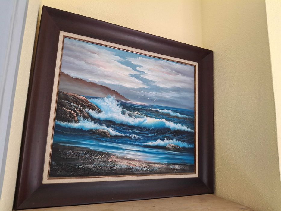 Quadro Pintura a Óleo "Marinha" com Moldura em Madeira Maciça - 78x68 cm