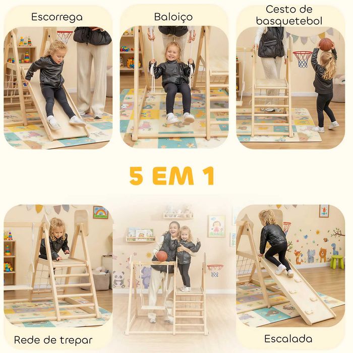 Escorrega Infantil 5 em 1 Estrutura de Escalada de Madeira com Escorrega Baloiço Cesto de Basquetebol