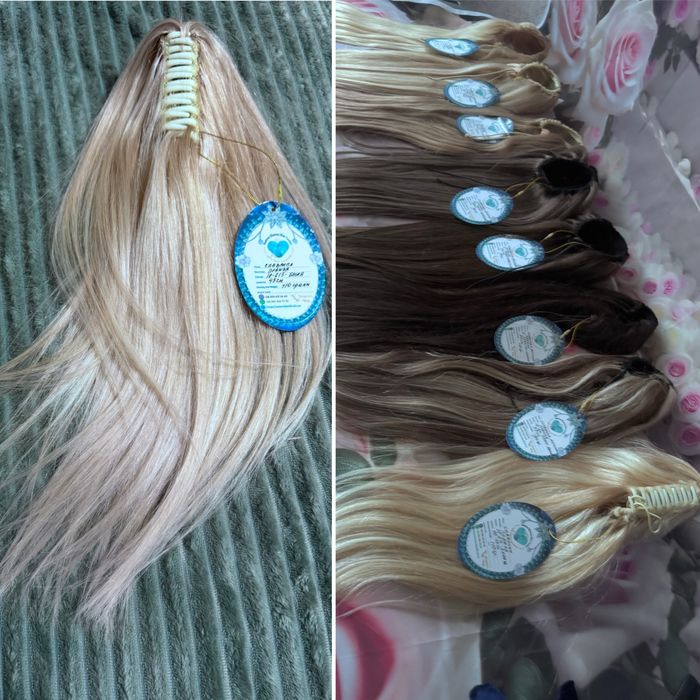 Натуральный хвост шиньон на крабе заколке славянка волосы блонд 45 см