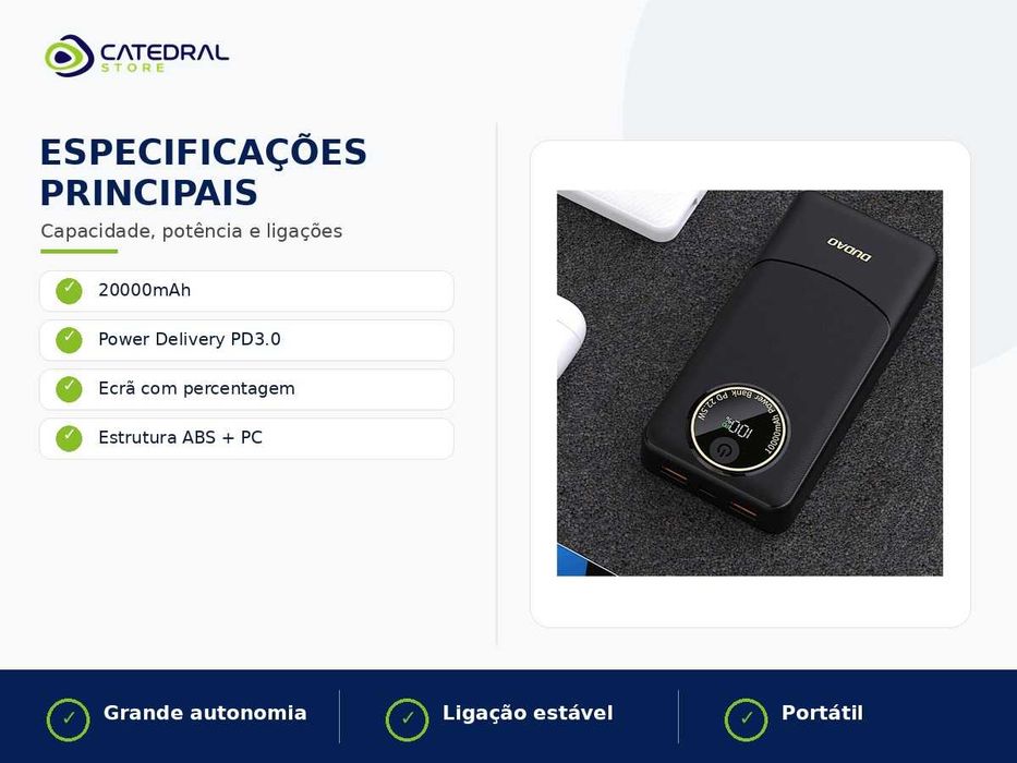 Powerbank DUDAO K12 Pro 20000mAh 22.5W PD – USB-C / USB-A – Nova