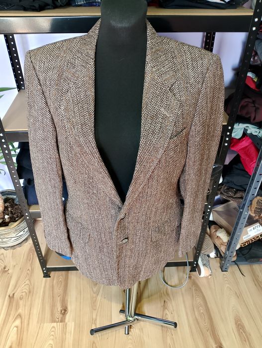 Brązowa Tweedowa Wełniana Męska Marynarka W Jodełkę St Michael Pure New Wool Vintage 80/90's