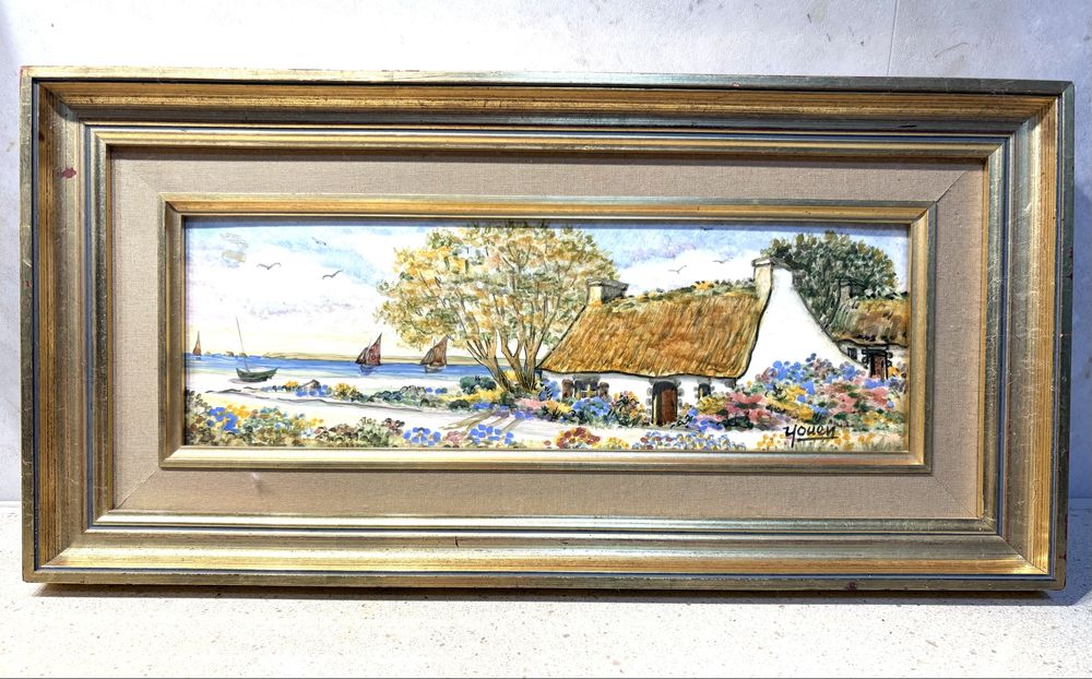 Linda pintura de paisagem francesa  sobre azulejo assinada Youen