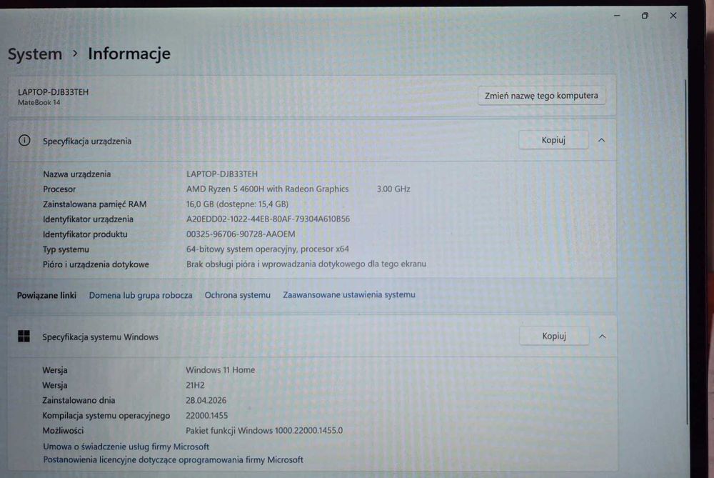 Laptop Huawei MateBook 14 AMD Ryzen 5 4600H RAM 16 GB
