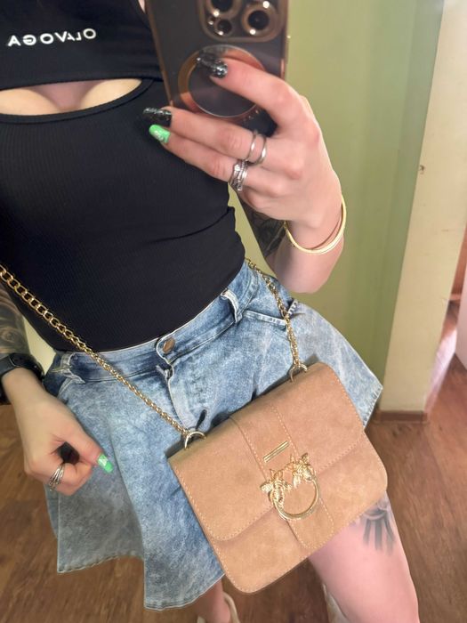 Beżowa, brązowa torebka, na ramię, łańcuszek, ala zamszowa, kopertówka