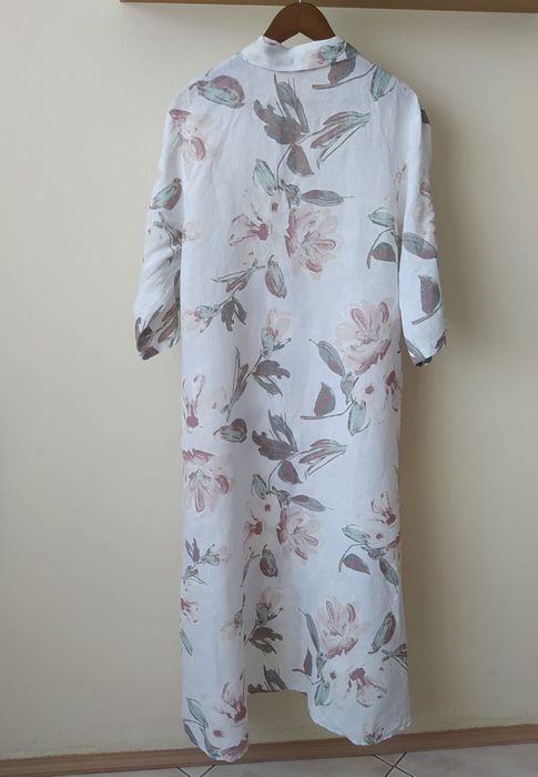 Kolorowa Biała długa sukienka z kołnierzykiem lniana sukienka 100% len