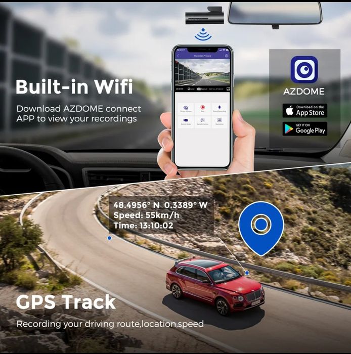 Kit 2 Câmaras Auto dashcam Azdome m300s 4k vigilância 24H wifi GPS Voz