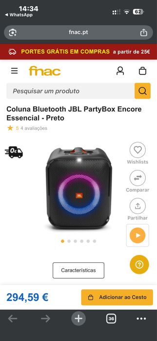 Coluna Bluetooth JBL PartyBox Encore Essencial - Preto