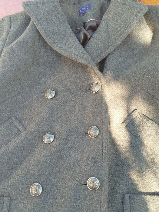 Zielony khaki krótki płaszcz dwurzędowy z wełną M&S L 40