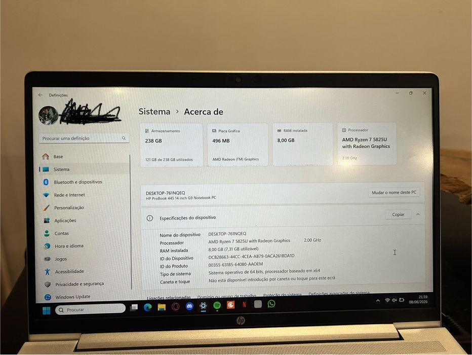 HP ProBook 445 G9 / Ryzen 7 5825U /8GB RAM / 256GB SSD- Bom estado