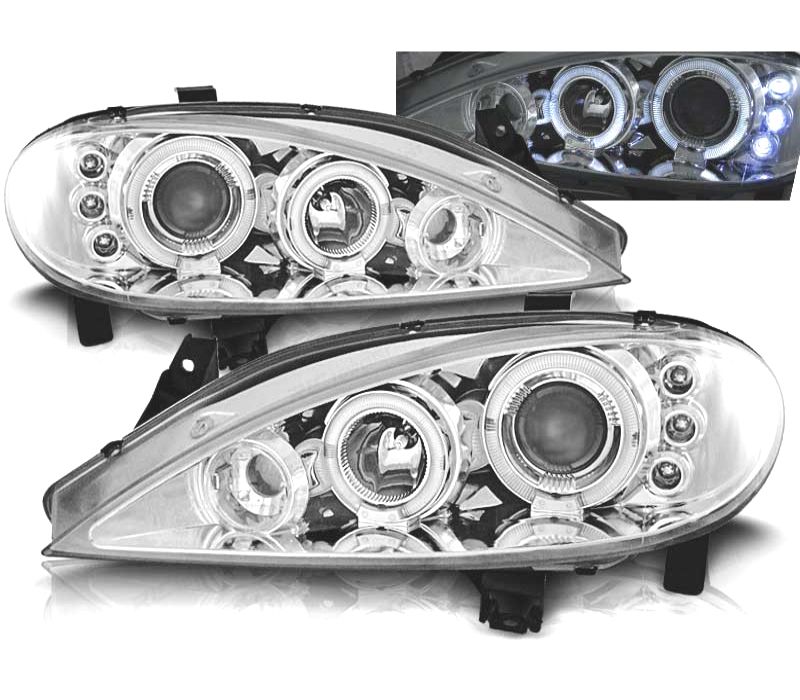 FARÓIS FRONTAIS RENAULT MEGANE 99-02 ANGEL EYES LED FUNDO CROMADO