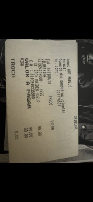 Vendo um (1) bilhete, Iron Maiden/Lisboa/07 Julho 2026