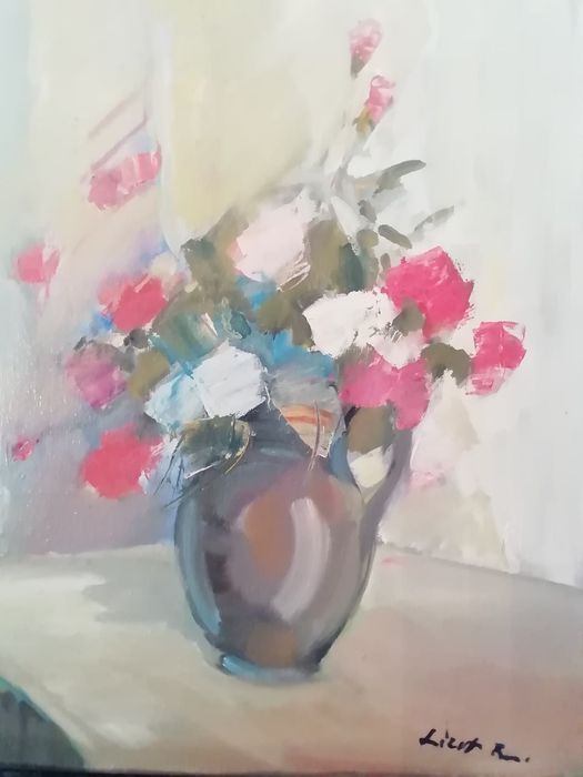 Obraz kwiaty sygn. Lizut R. Płótno olej wym. 30x50 cm. Ostatnie pracę