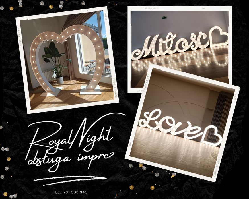 Napis Miłość, napis Love, duże serce led, ciężki dym, iskry, miny dymn