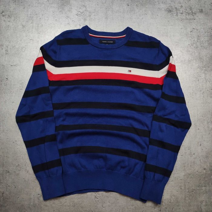 MĘSKI PREMIUM Elegancki Sweter Granat Paski Tommy Hilfiger Bawełna