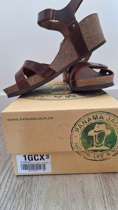 Sandálias PanamaJack pele castanhas salto cunha cortiça 38