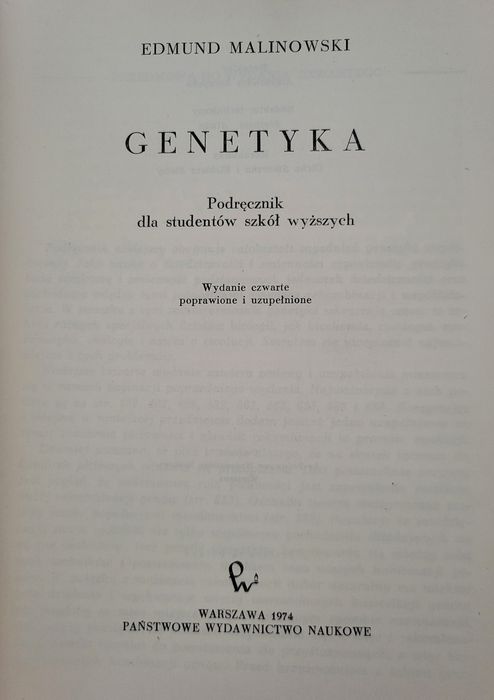Genetyka - Edmund Malinowski. Książka z 1974 roku