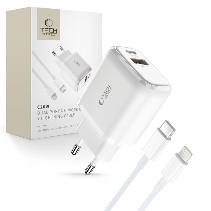 Tech-protect C20W 2-PORT Network Charger Pd 20W / QC3.0 + Lightning Cable White