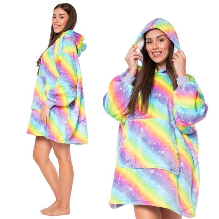 Bluza Koc Kocobluza 2w1 Oversize XXL z Kapturem Gruba Sherpa Tęczowa