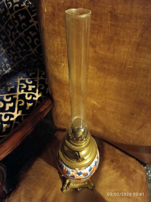 Candeeiro Petróleo ou azeite Séc XIX Porcelana Imari e bronze 56 cm