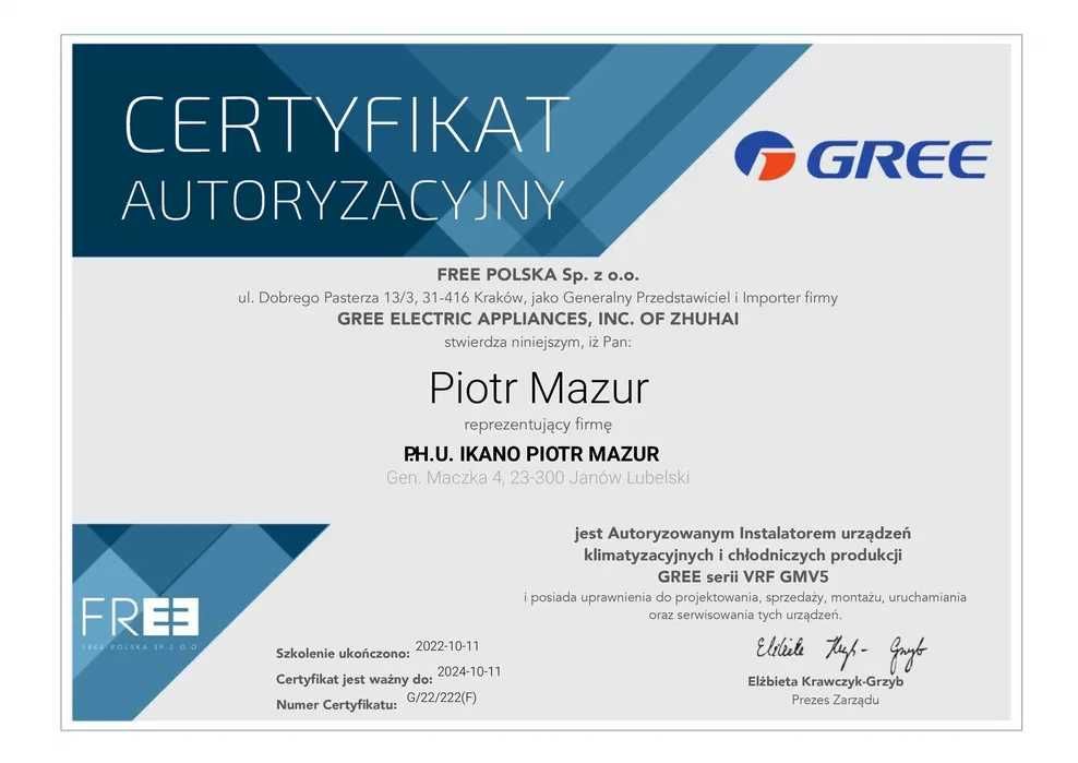 Klimatyzacja Gree Pular 3,2 kW montaż serwis dom biuro