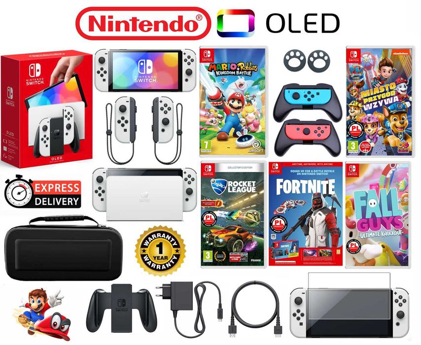 Nintendo SWITCH Oled 64GB + 4 gry + etui + 2 grip + szkło + ROK gwaran