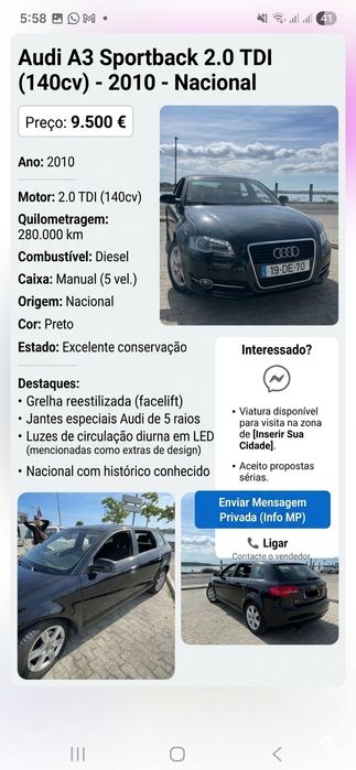 Audi A3 Sportback 2.0 TDI (140cv) - Nacional - Excelente Estado
​Descrição:
​Vendo Audi A3 Sportback, versão Nacional, motor 2.0 TDI de 140cv, conheci