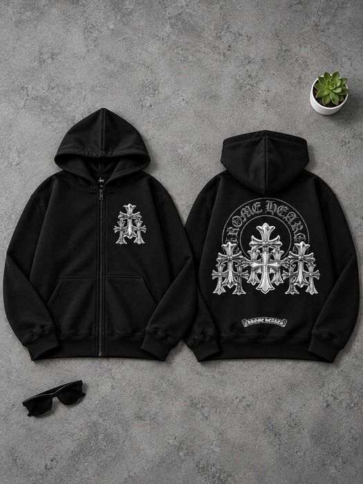 Зіпка Chrome Hearts на флісі чорна зі сріблястими хрестами на спині (XS-XXL)