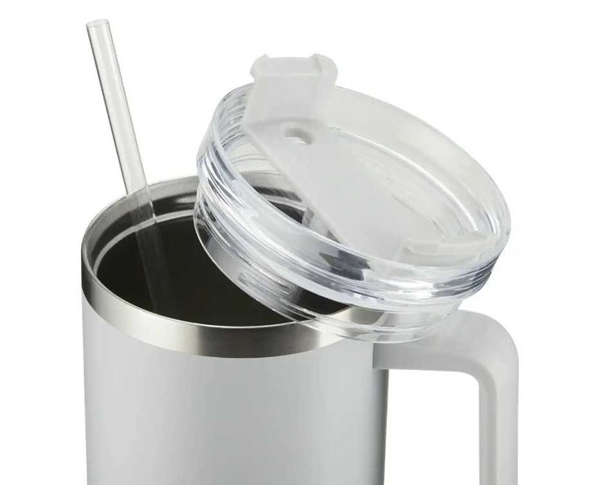 Kubek do picia z ergonomicznym uchwytem, ze słomką, duży, 1,2l, szary