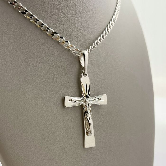 Srebrny Łańcuszek Komunijny + Krzyżyk Jezus 925 + Grawer Na Chrzest Ko