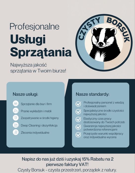 Usługi sprzątania - biur, lokali, pranie tapicerki i wykładzin