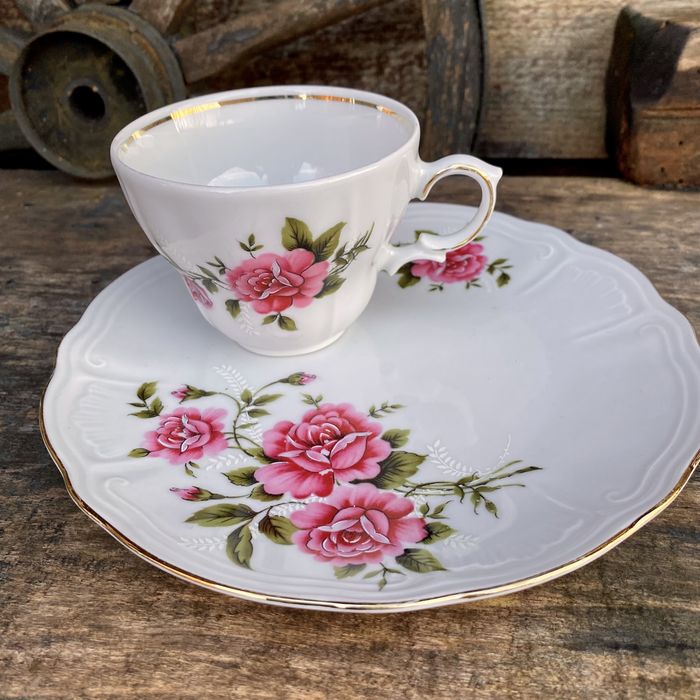 Różany komplet porcelanowej filiżanki z talerzykiem
