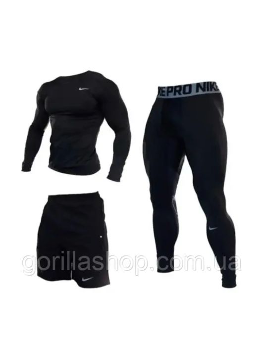 Компресійний костюм для тренувань NIKE 3в1: Рашгард, шорти, легінси