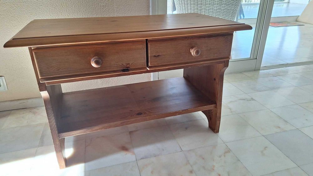 Móvel de madeira de pinho com 2 gavetas,