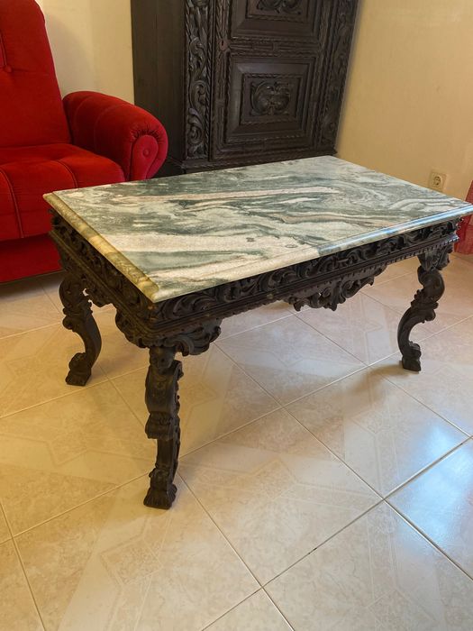 Mesa de Aparato Antiga Madeira exótica tampo Mármore verde 78 cm