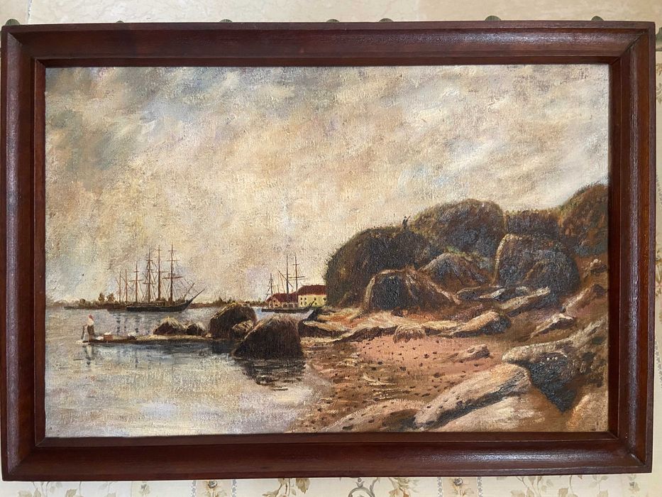 Картина маслом, времен СССР, Море, холмы, корабли