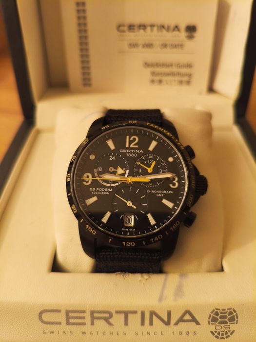 Zegarek Certina DS Podium GMT Chronograph Black PVD | Full Set | Stan Bardzo Dobry Żółte wskazówki!