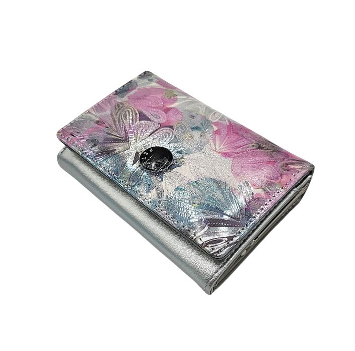 Elegancki portfel damski skórzany PETERSON srebrny różowe kwiaty