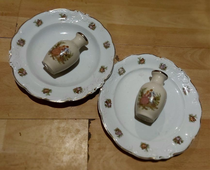 Porcelana Wałbrzych PRL 2 talerze (głęboki płaski) 2 wazony, sty