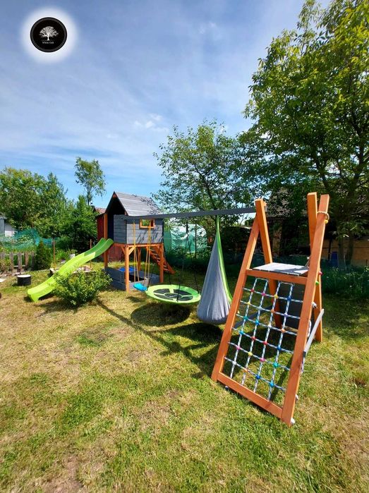 Drewniany plac zabaw, huśtawki, wspinaczka, zjeżdżalnia, domek, MONTAŻ