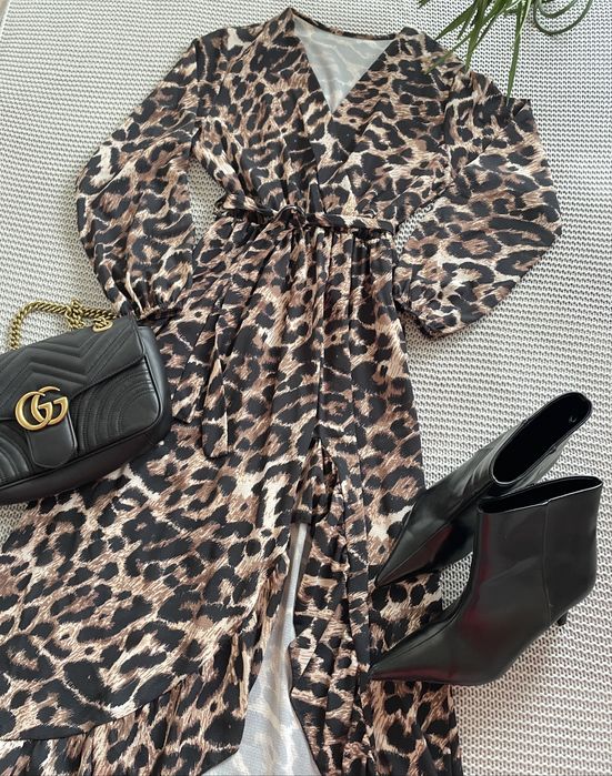 Sukienka panterkowa, panterka print zwierzęcy midi boho, święta wesele