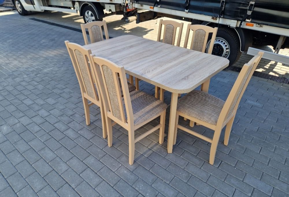 Nowe: Stół 80x140/180 + 6 krzeseł, sonoma + cappuccino,  transPL