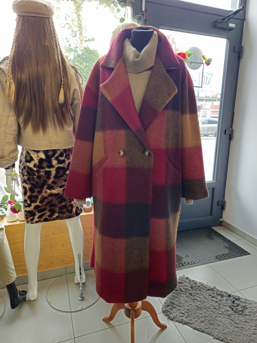 Płaszcz bordowy kratka długi, wełna r. Uni Italy !!!